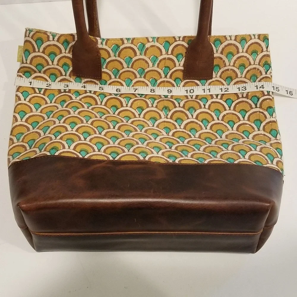 JOYN Cotton Tote Arch Print Brown Leather Yellow Green Shoulder Bag Lined Pocket - Picture 12 of 14